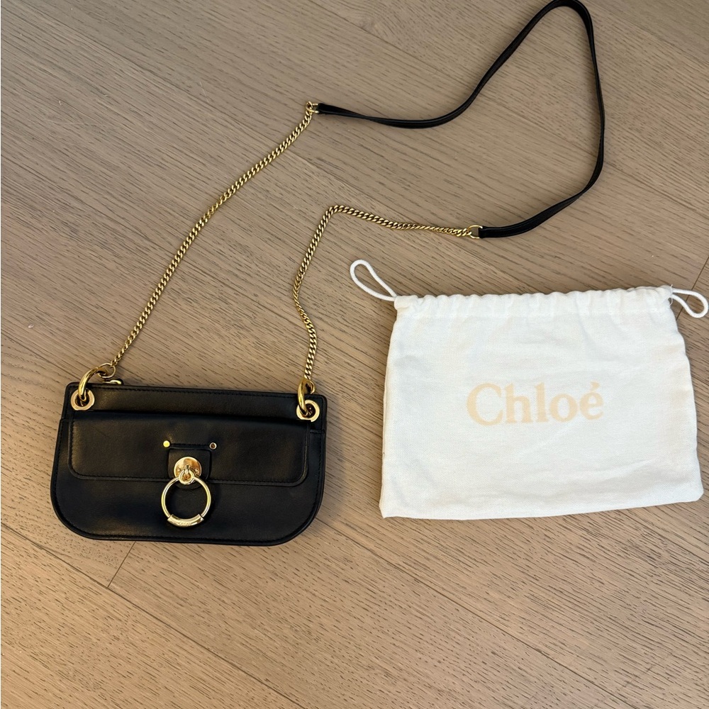 Chloe Black and Gold Crossbody Bag with Signature Ring Detail